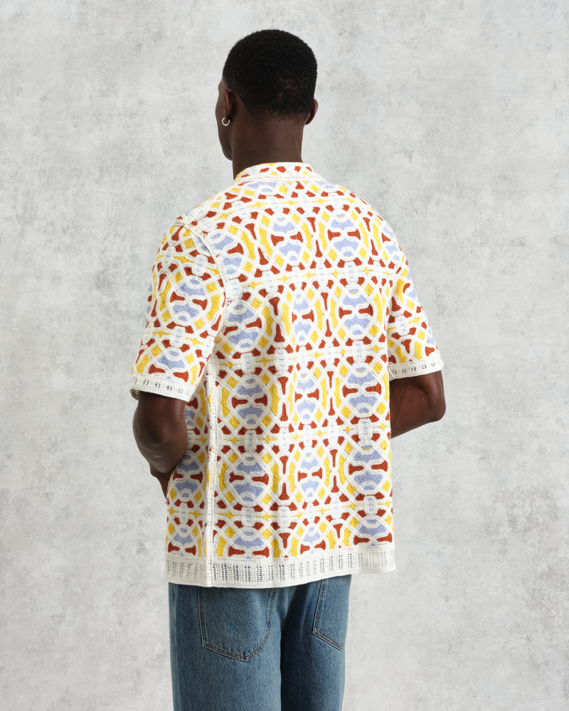 wax london Dorset - Ecru And Multicolour Crochet Knitted Polo Shirt