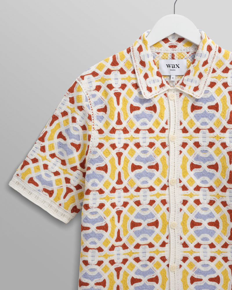 wax london Dorset - Ecru And Multicolour Crochet Knitted Polo Shirt