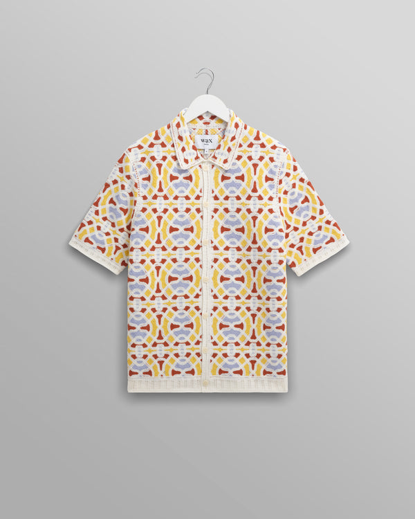 wax london men's Dorset - Ecru And Multicolour Crochet Knitted Polo Shirt
