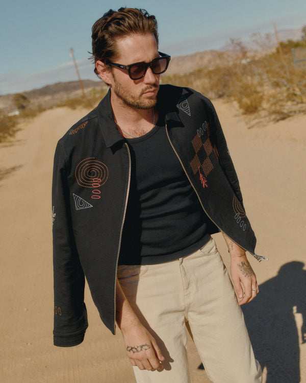 wax london men's Eldon - Black Doodle Embroidered Cotton Jacket