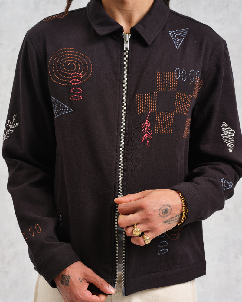 wax london Eldon - Black Doodle Embroidered Cotton Jacket