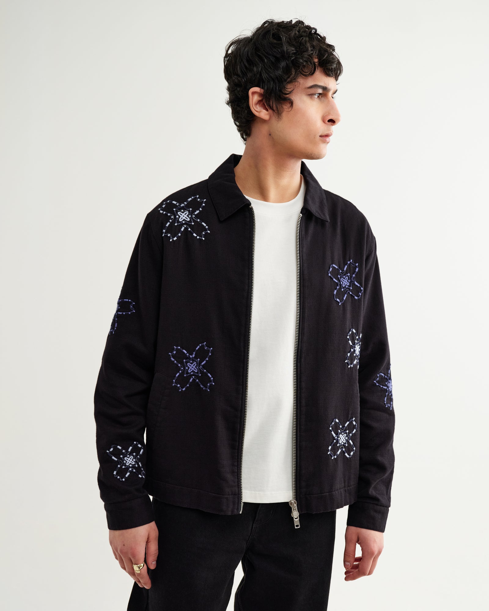 Men's Black Floral Embroidered Cotton Twill Jacket | Wax London