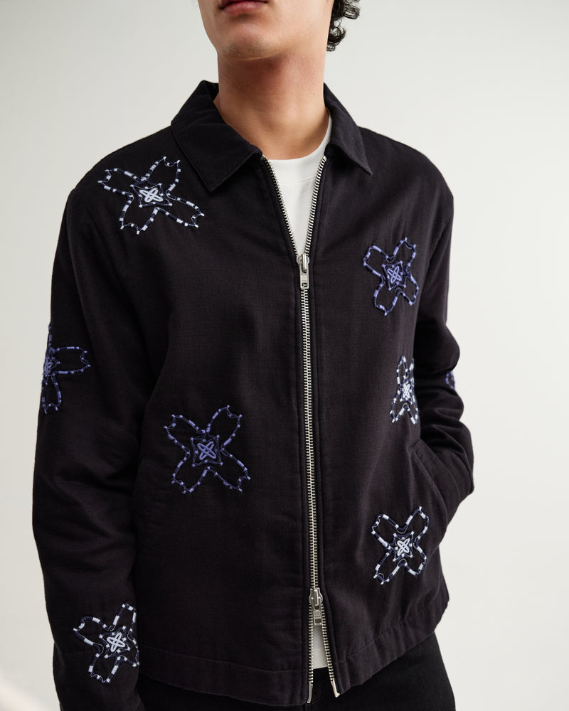 WAX LONDON フラワースタンプジャケット　ネイビー　サイズL Men's Black Floral Embroidered Cotton Twill Jacket | Wax London