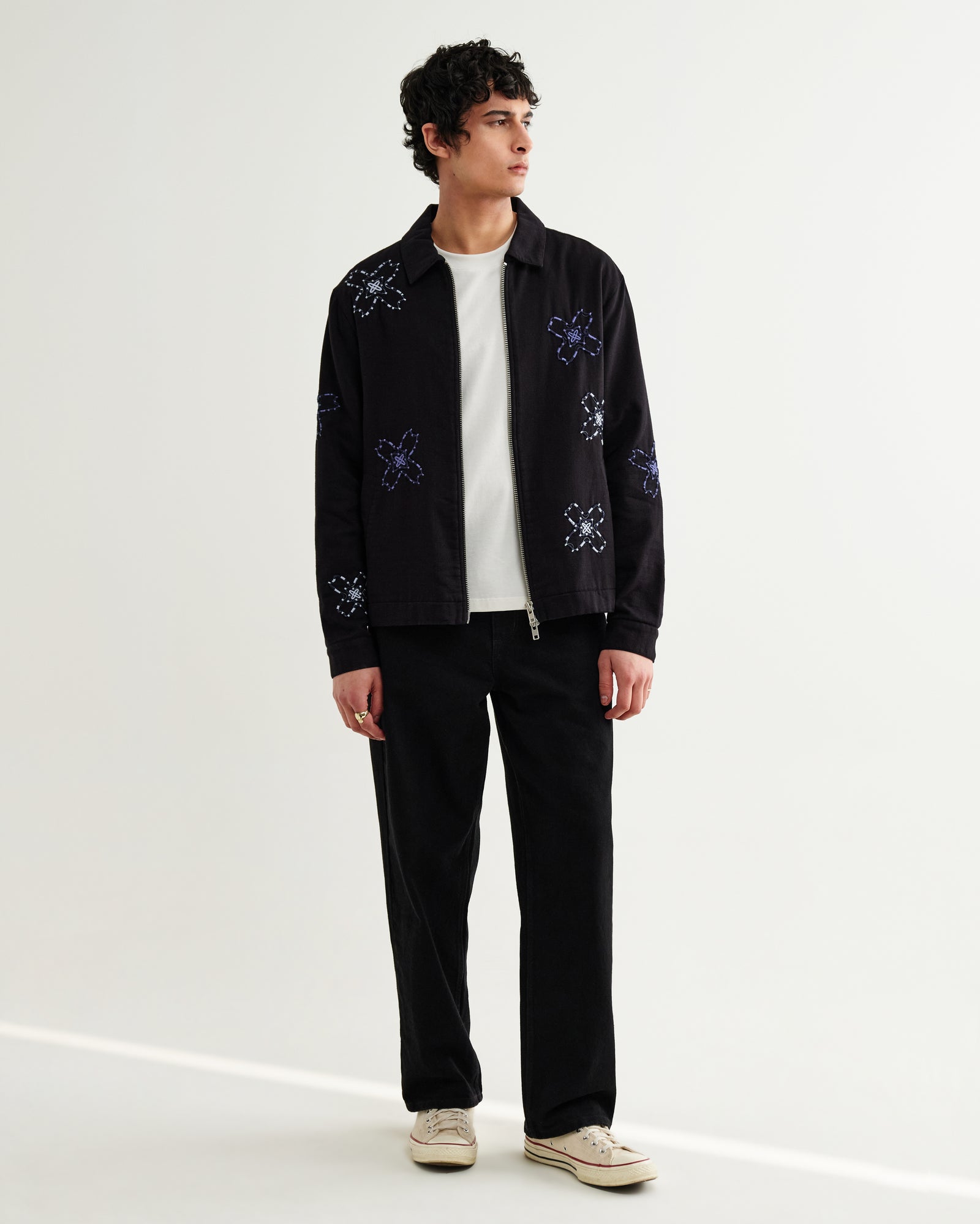 Men's Black Floral Embroidered Cotton Twill Jacket | Wax London