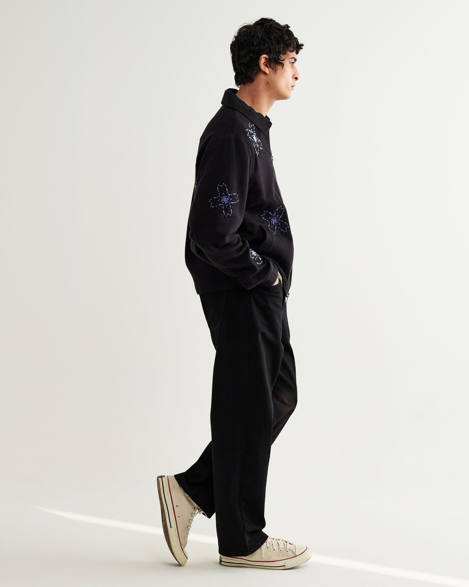Men's Black Floral Embroidered Cotton Twill Jacket | Wax London