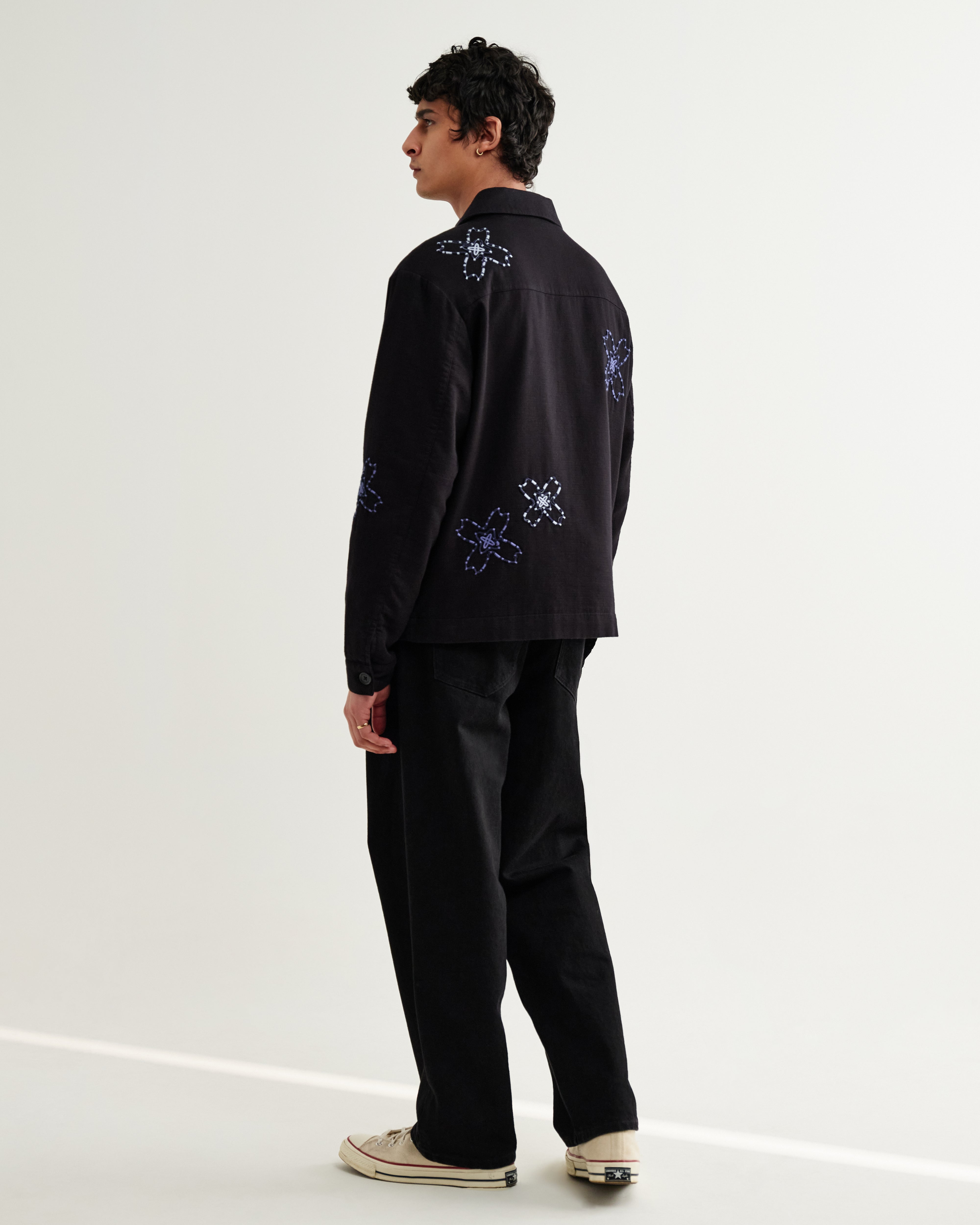Men's Black Floral Embroidered Cotton Twill Jacket & Wax London