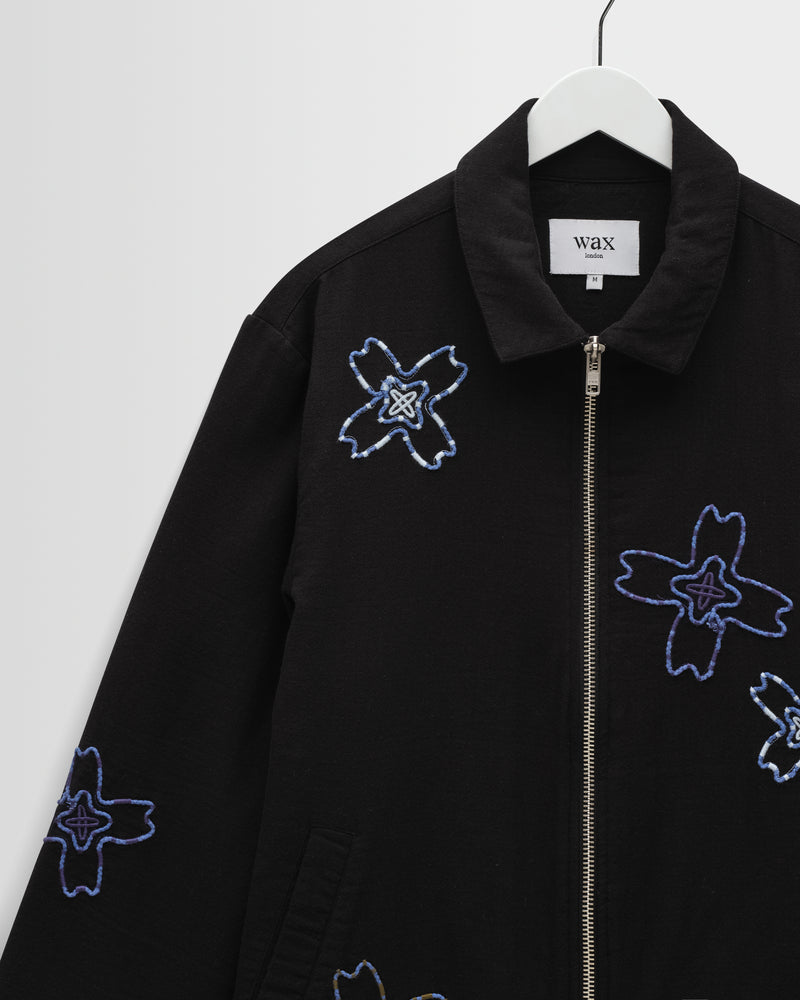 Men's Black Floral Embroidered Cotton Twill Jacket & Wax London