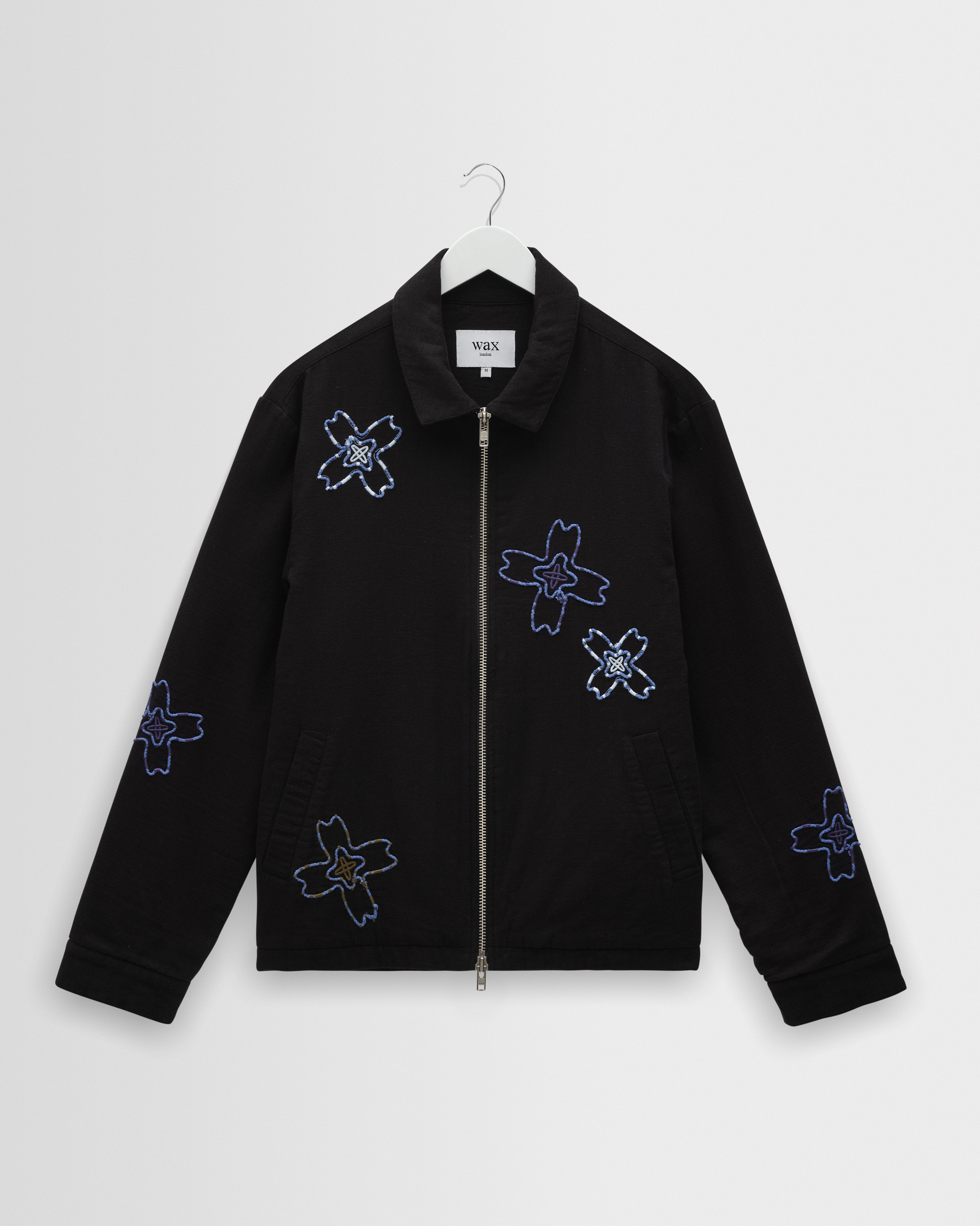 Men's Black Floral Embroidered Cotton Twill Jacket | Wax London
