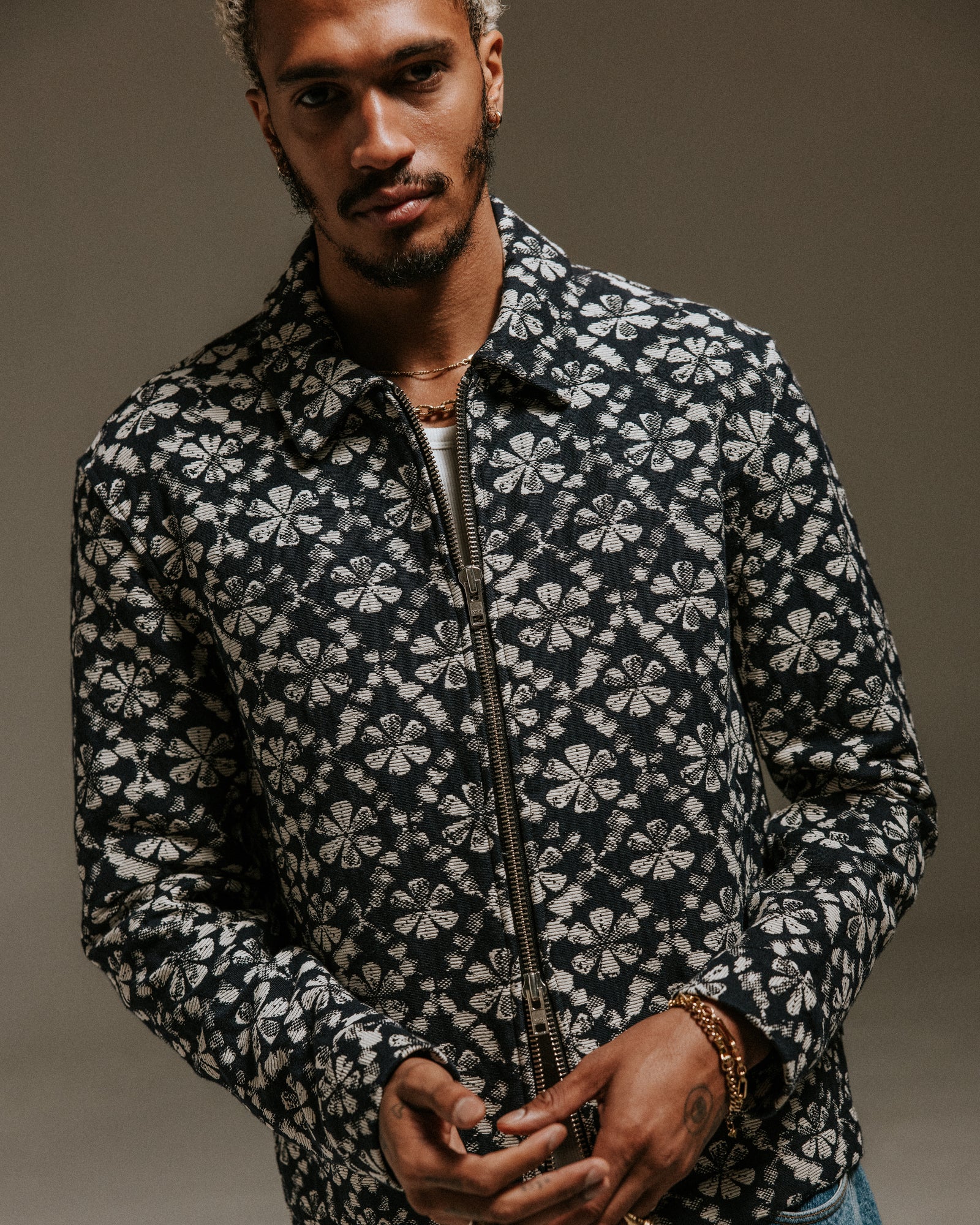 Men's Navy Flower Stamp Jacquard Jacket | Wax London