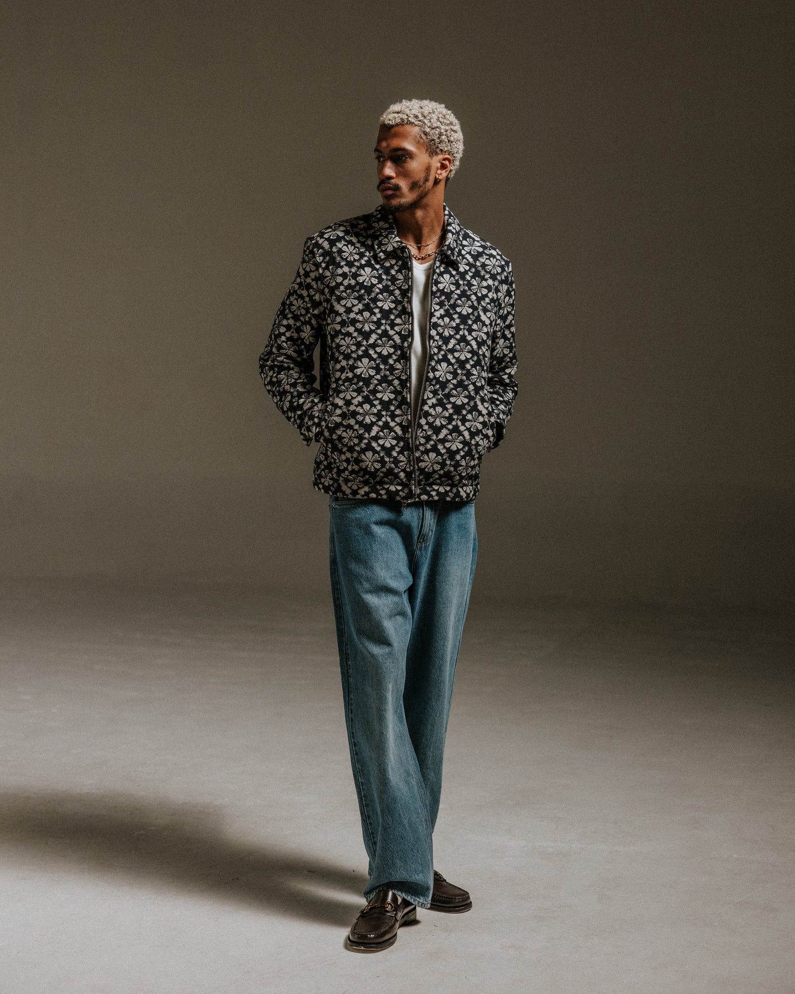 WAX LONDON フラワースタンプジャケット　ネイビー　サイズL Men's Navy Flower Stamp Jacquard Jacket | Wax London