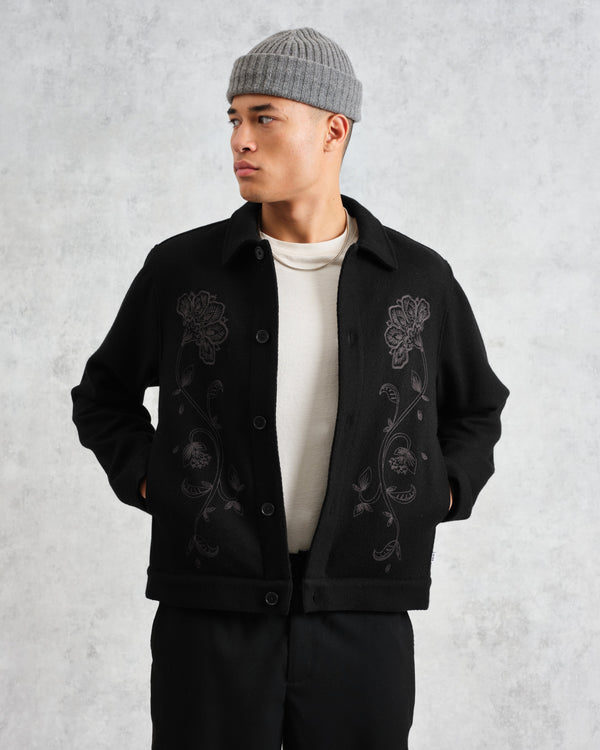 wax london men's Elm - Black Floral Embroidered Wool Jacket