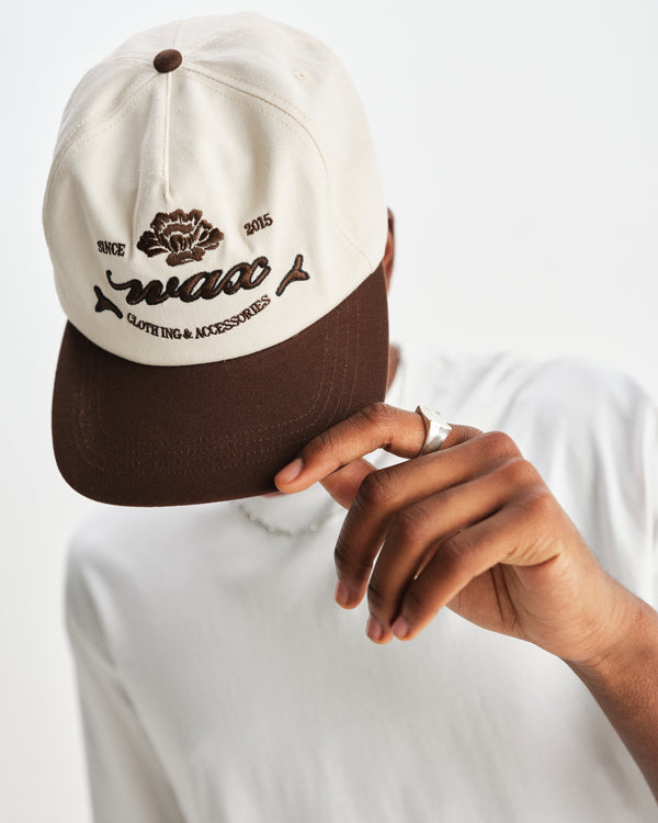 wax london men's Farrell - Ecru And Brown Script Crest Trucker Cap
