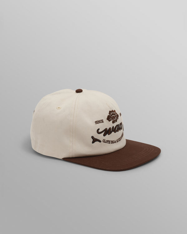 wax london men's Farrell - Ecru And Brown Script Crest Trucker Cap