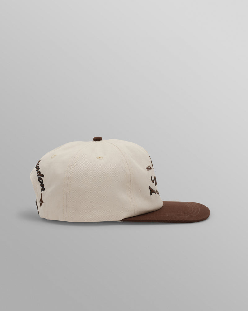 wax london men's Farrell - Ecru And Brown Script Crest Trucker Cap