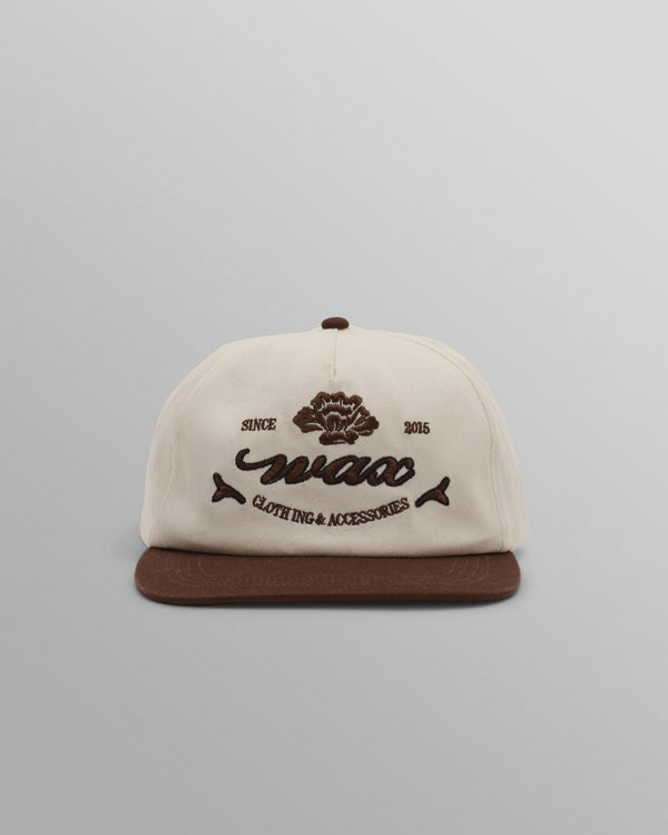 wax london men's Farrell - Ecru And Brown Script Crest Trucker Cap
