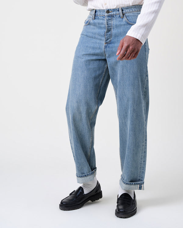 wax london men's Felix - Blue Wash Selvedge Loose Fit Denim Jeans