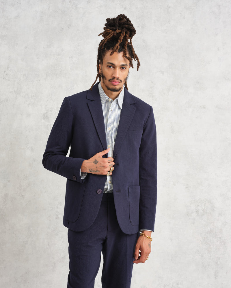 wax london Fintry Blazer Navy Seersucker