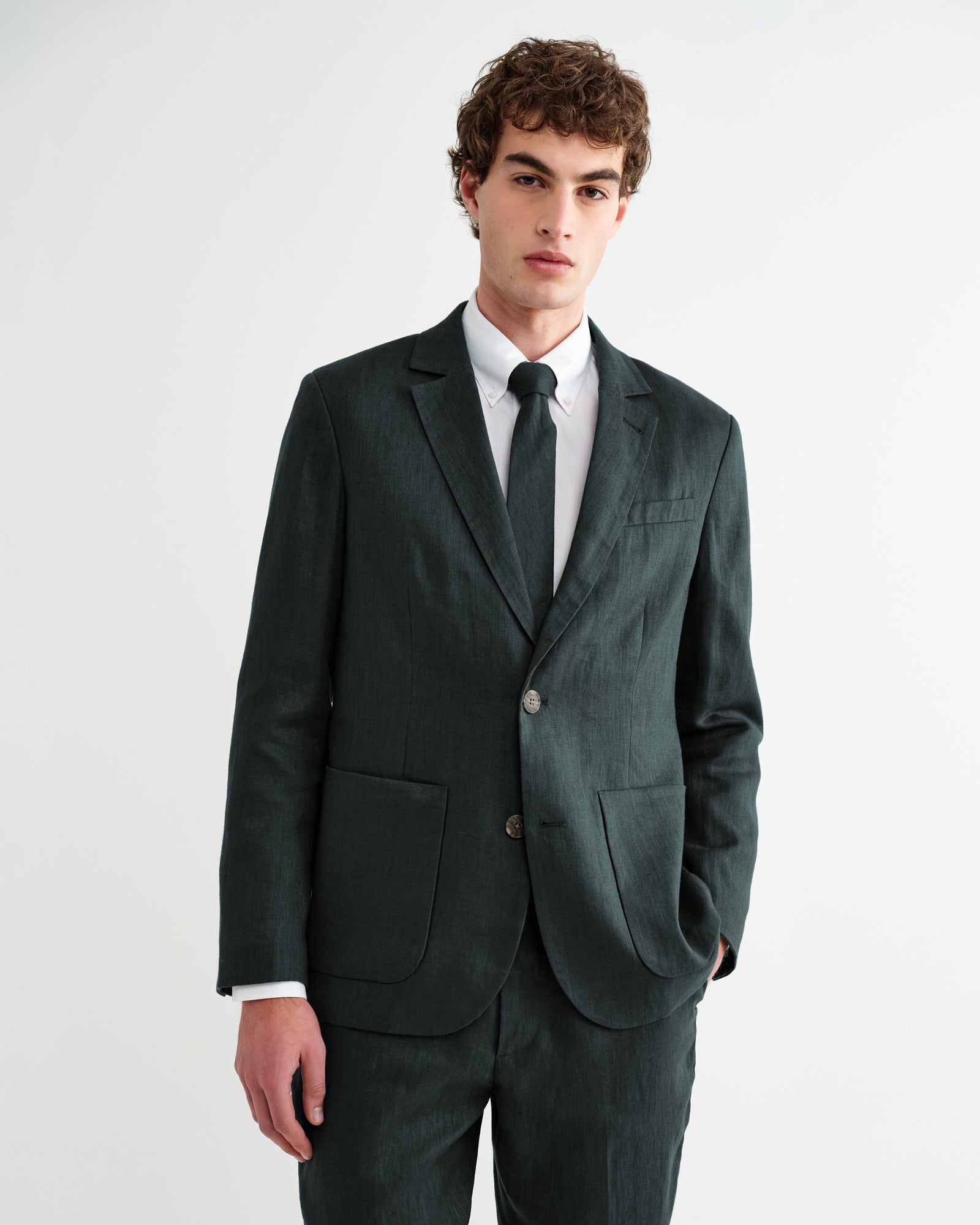 Men's Dark Green Linen Single-Breasted Blazer | Wax London Men's Dark Green Linen Single-Breasted Blazer | Wax London
