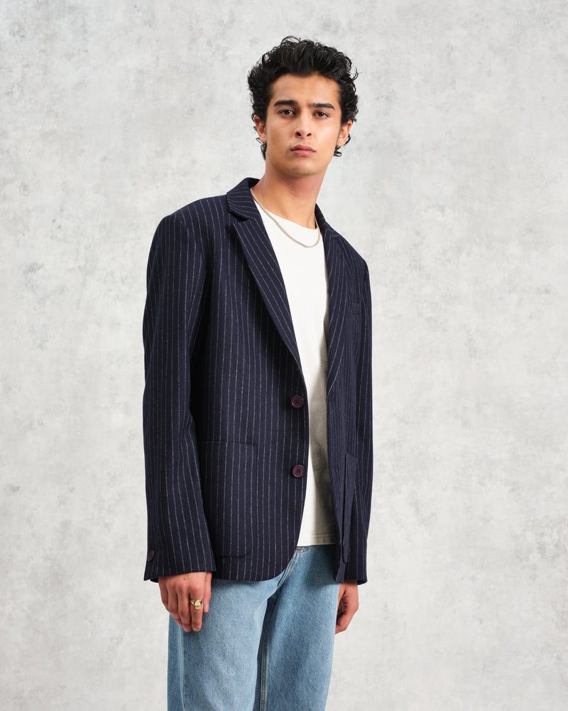 wax london Fintry - Navy Pinstripe Wool Blazer