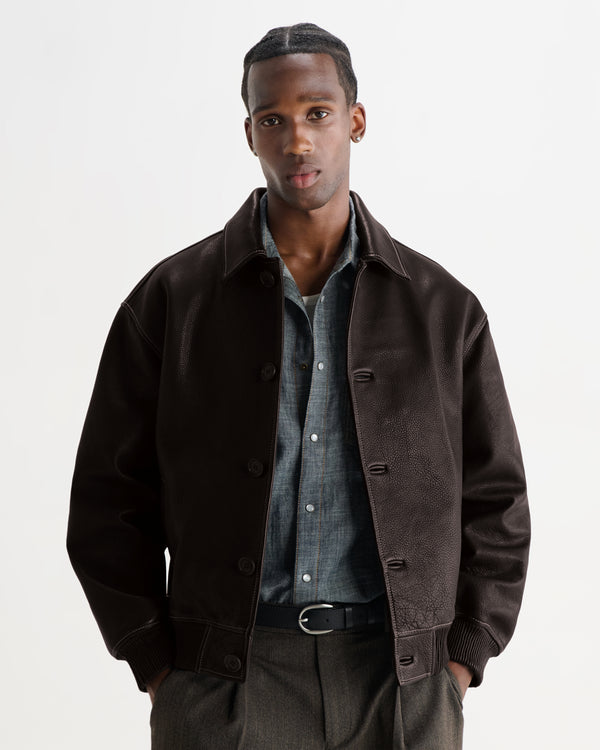 wax london men's Fitzroy - Dark Brown Leather Flight Jacket