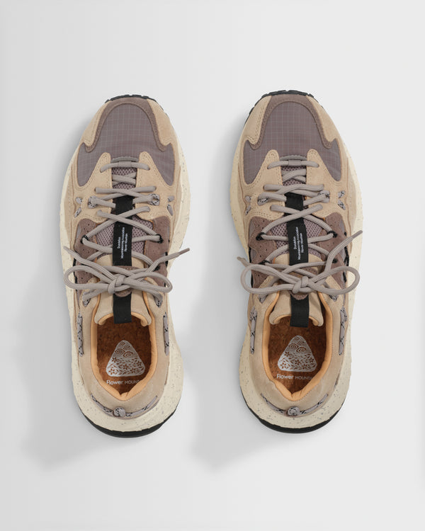 wax london men's Flower Mountain - Beige And Grey Cow Suede Yamabushi Trainers