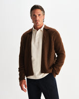 wax london men's Friar - Brown Brush Cable Knit Zip Cardigan