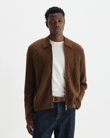 wax london men's Friar - Brown Brush Cable Knit Zip Cardigan