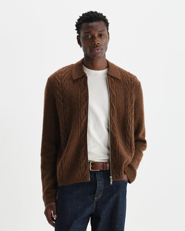wax london men's Friar - Brown Brush Cable Knit Zip Cardigan