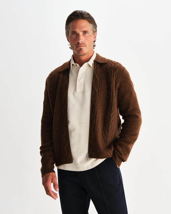 wax london men's Friar - Brown Brush Cable Knit Zip Cardigan