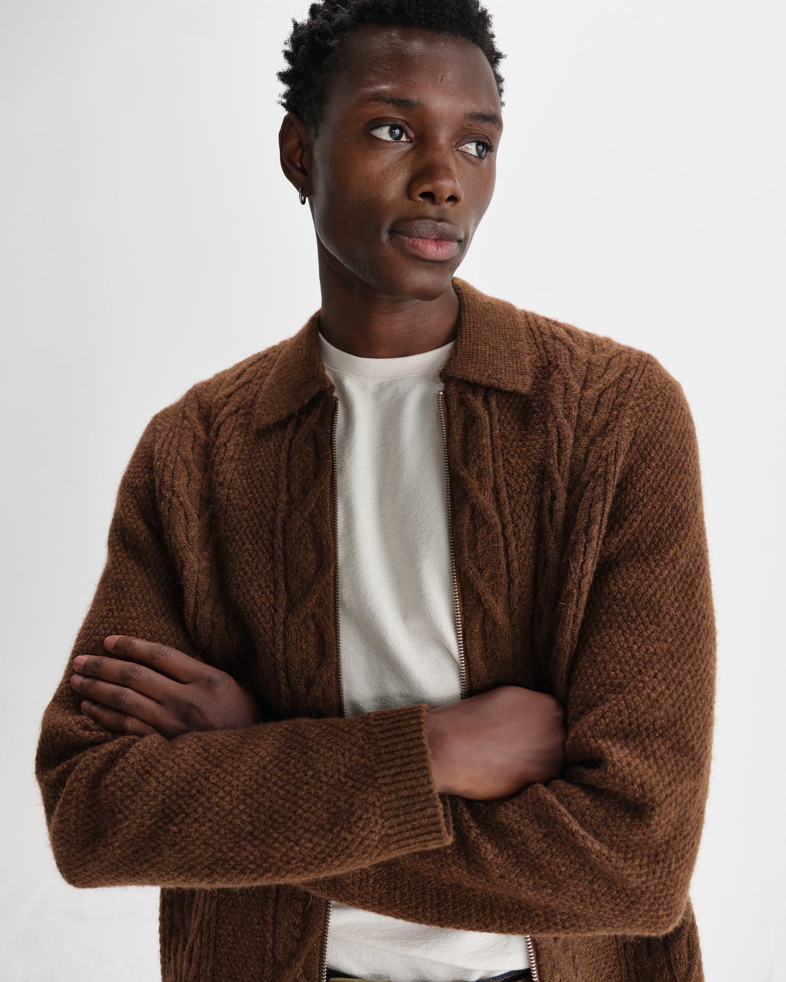 Men's Brown Brush Cable Knit Zip Cardigan | Wax London