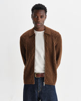 wax london men's Friar - Brown Brush Cable Knit Zip Cardigan