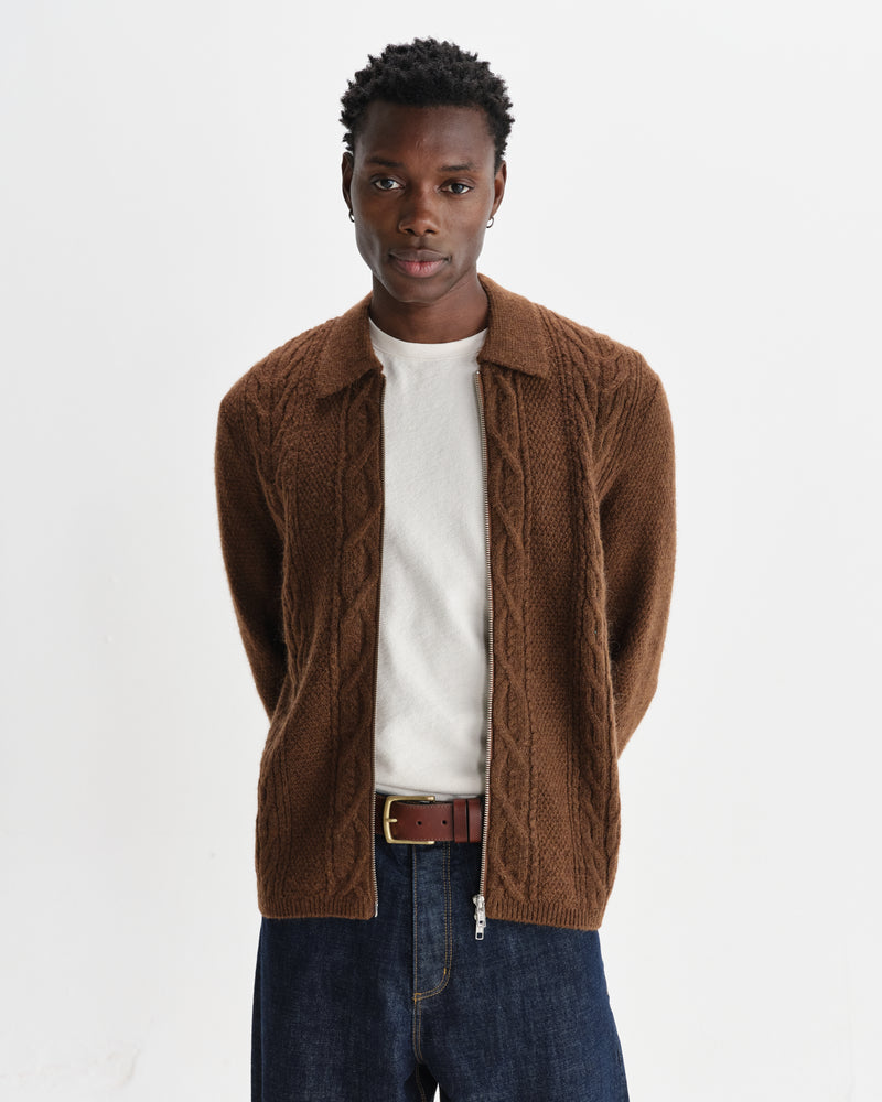 wax london men's Friar - Brown Brush Cable Knit Zip Cardigan