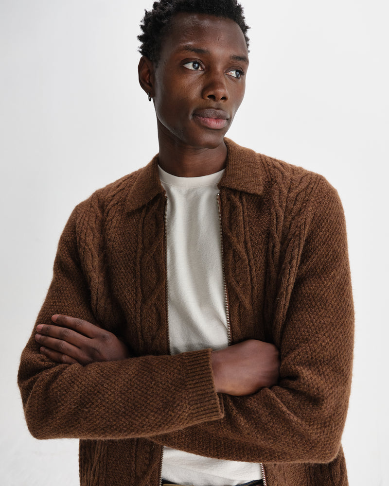 wax london men's Friar - Brown Brush Cable Knit Zip Cardigan