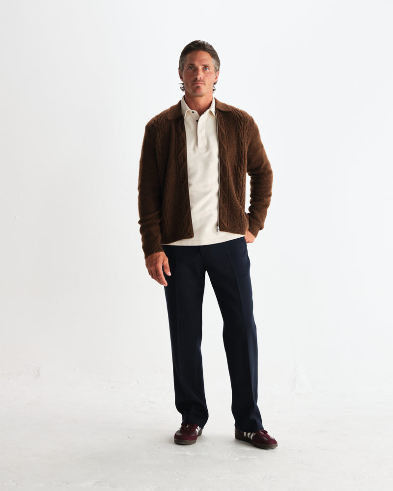wax london men's Friar - Brown Brush Cable Knit Zip Cardigan