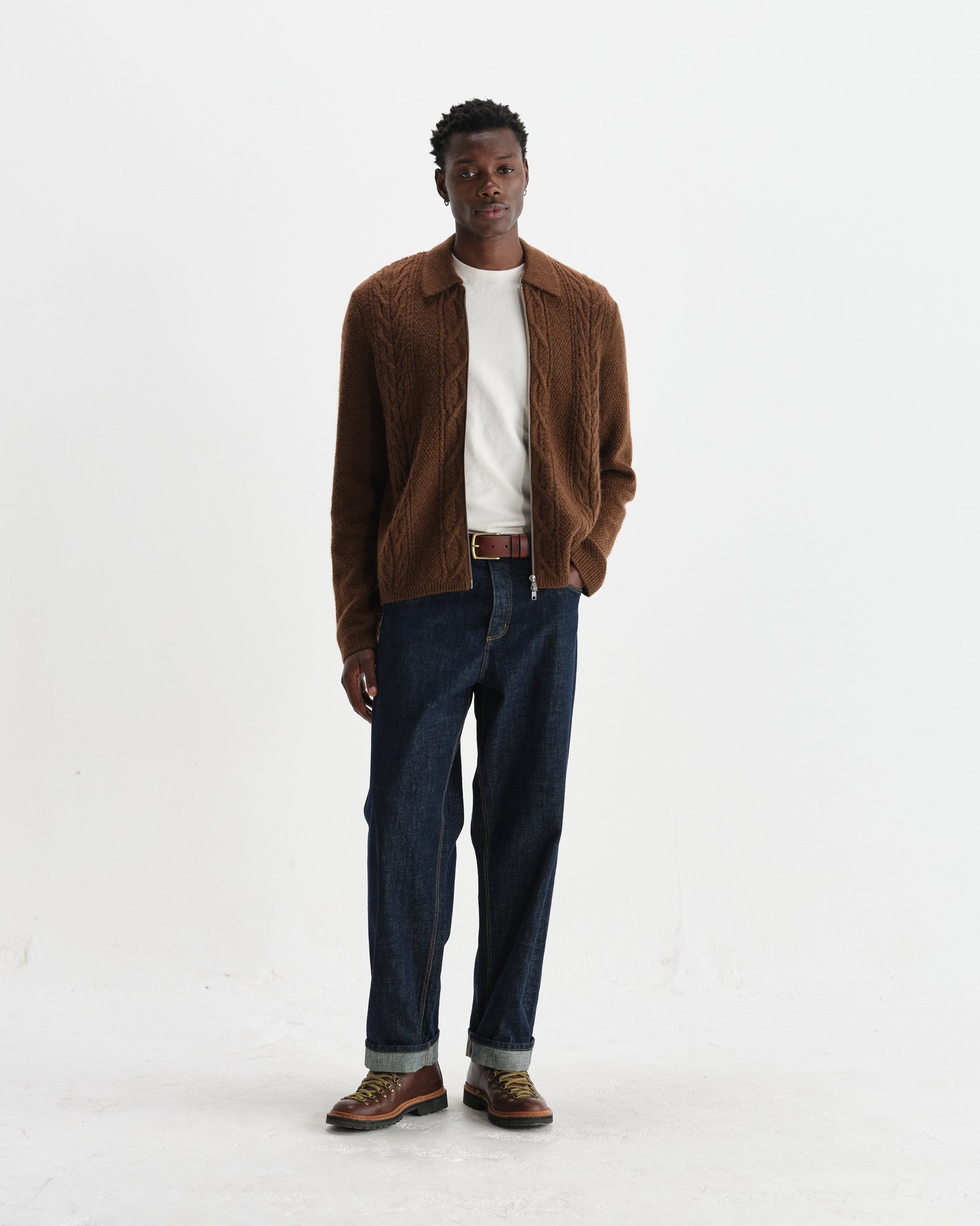 Men's Brown Brush Cable Knit Zip Cardigan | Wax London