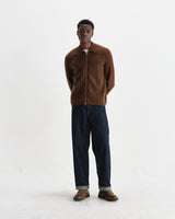 wax london men's Friar - Brown Brush Cable Knit Zip Cardigan