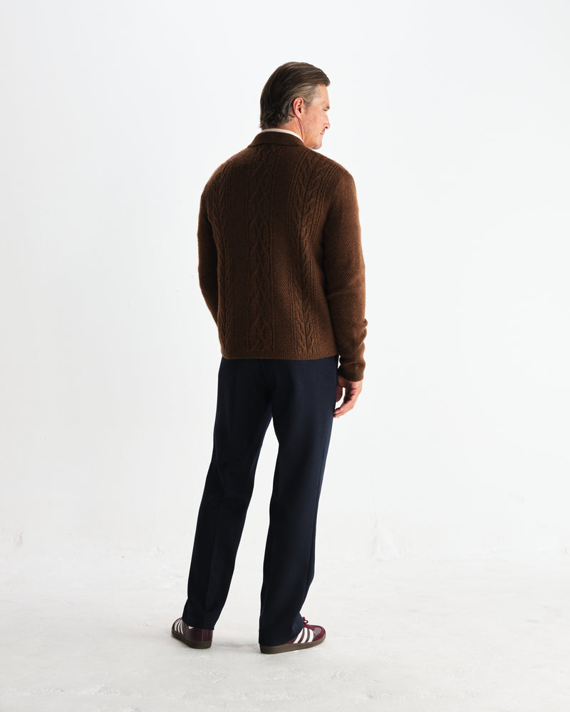 wax london men's Friar - Brown Brush Cable Knit Zip Cardigan