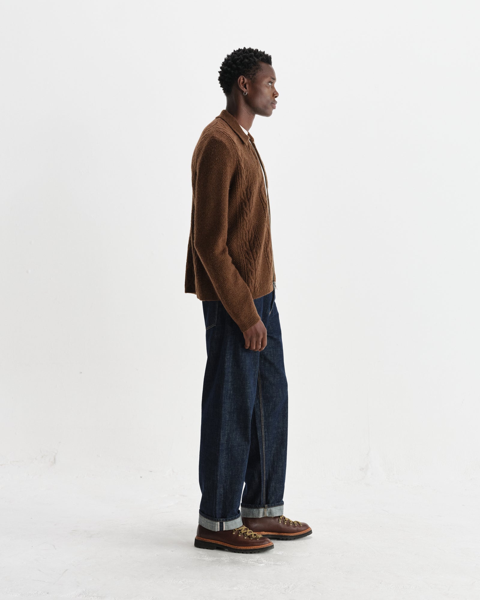 Men's Brown Brush Cable Knit Zip Cardigan | Wax London