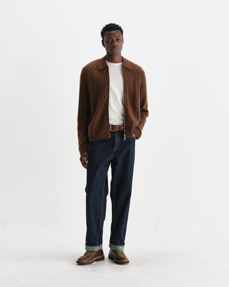 wax london men's Friar - Brown Brush Cable Knit Zip Cardigan