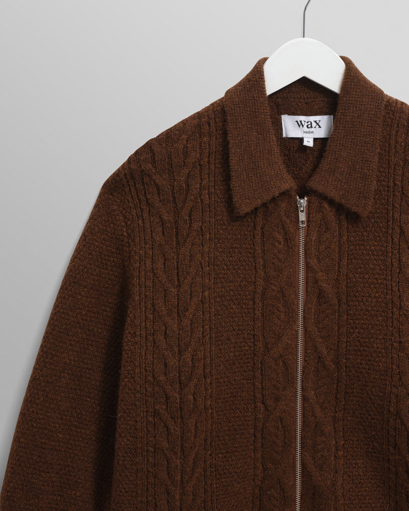 wax london men's Friar - Brown Brush Cable Knit Zip Cardigan