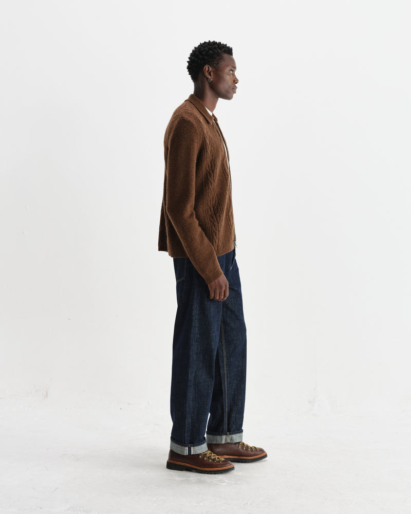 wax london men's Friar - Brown Brush Cable Knit Zip Cardigan