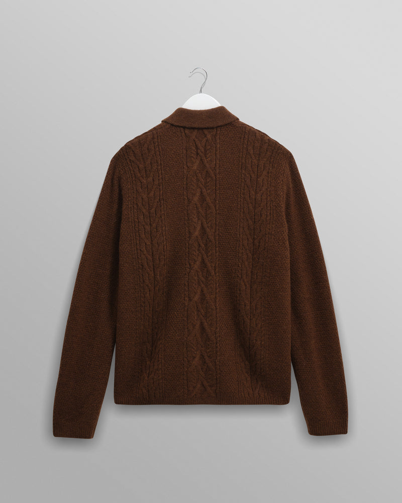 wax london men's Friar - Brown Brush Cable Knit Zip Cardigan