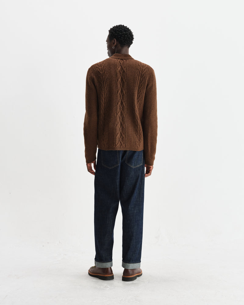 wax london men's Friar - Brown Brush Cable Knit Zip Cardigan