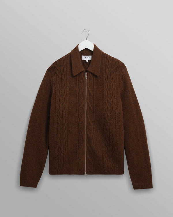 wax london men's Friar - Brown Brush Cable Knit Zip Cardigan