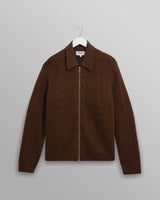wax london men's Friar - Brown Brush Cable Knit Zip Cardigan