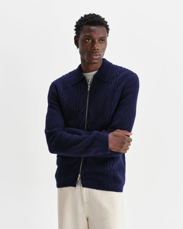 wax london men's Friar - Navy Brush Cable Knit Zip Cardigan