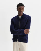 wax london men's Friar - Navy Brush Cable Knit Zip Cardigan