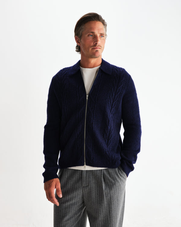 wax london men's Friar - Navy Brush Cable Knit Zip Cardigan