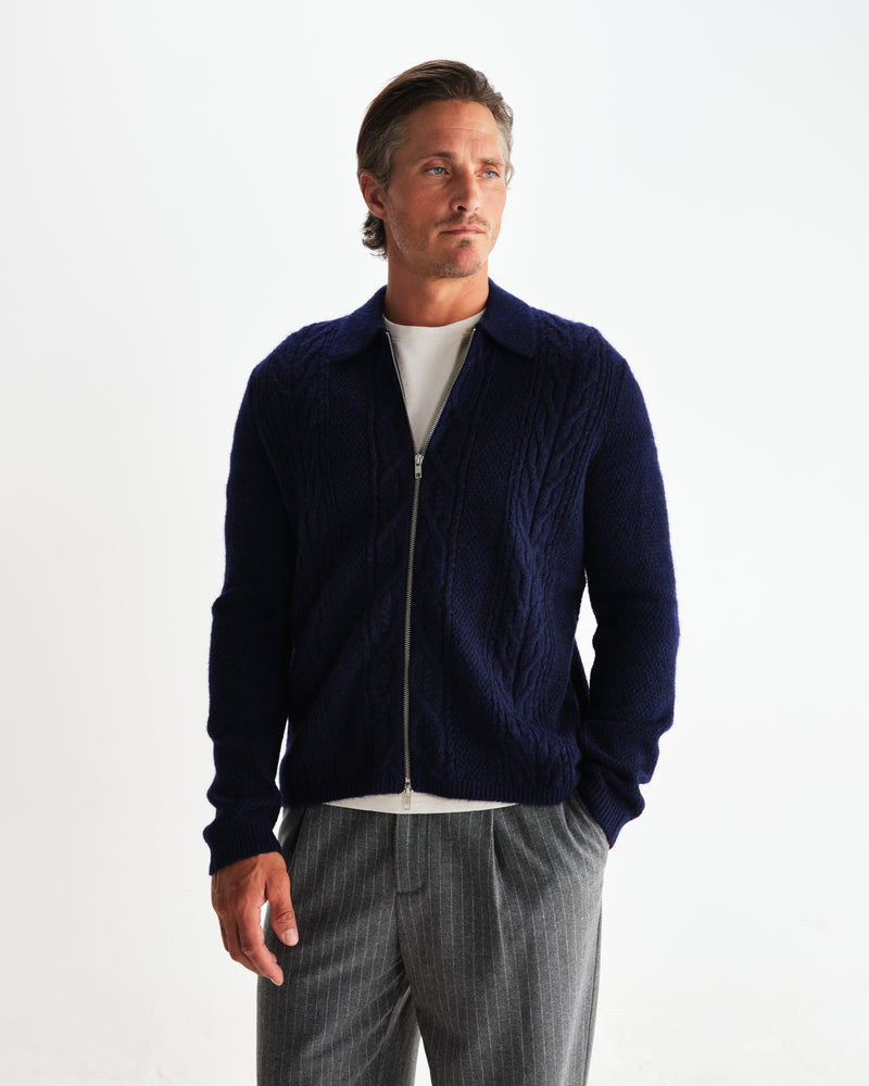 wax london men's Friar - Navy Brush Cable Knit Zip Cardigan