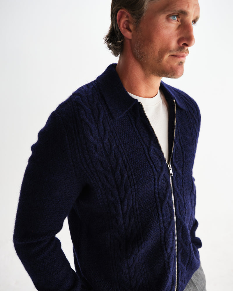 wax london men's Friar - Navy Brush Cable Knit Zip Cardigan